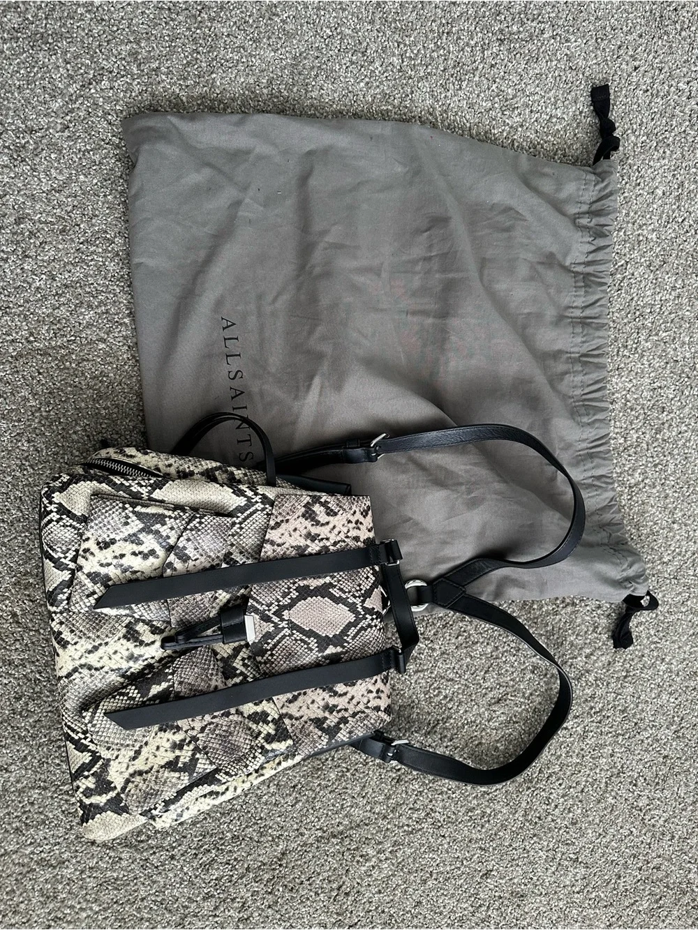 AllSaints Snake-Print Backpack in Cream and Black